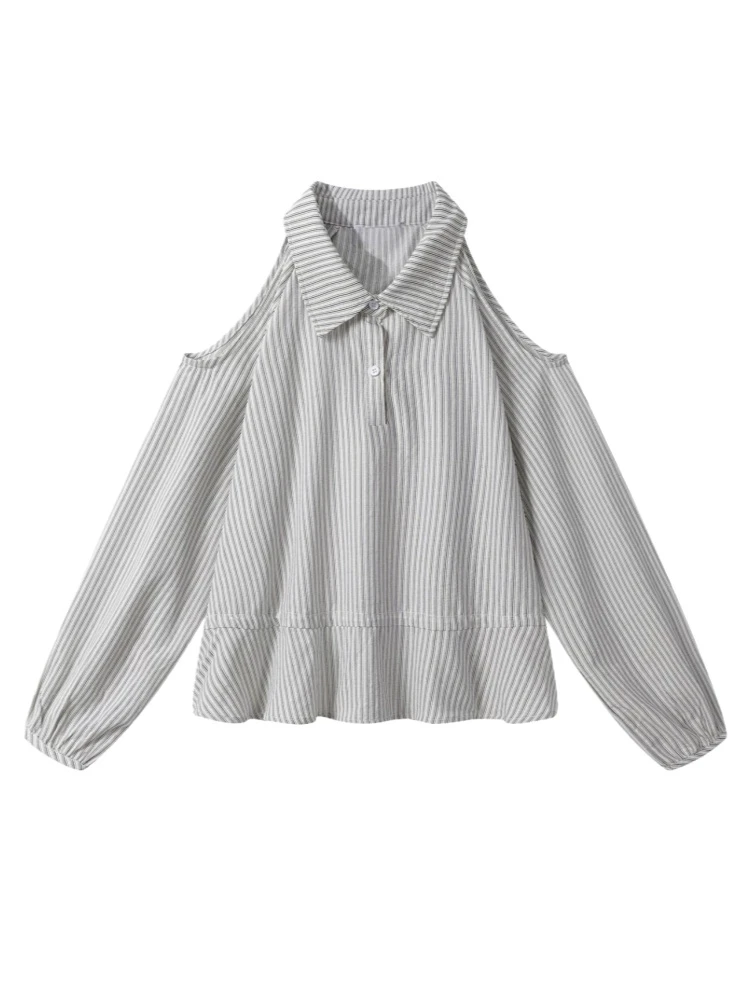 Amy家 微胖mm韩系设计感露肩条纹衬衫女秋季超好看收腰显瘦上衣女