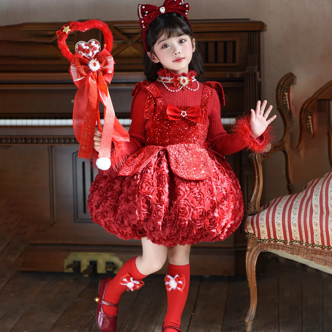 【加绒】女童洛丽塔连衣裙冬装红色儿童圣诞新年战袍礼服裙TH2510