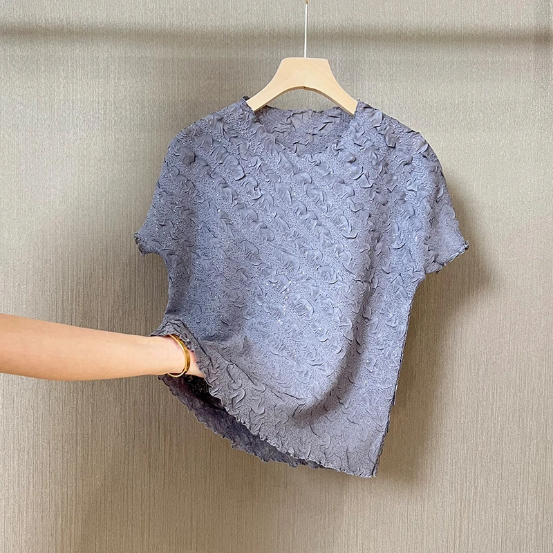 SH新款夏季圆领显瘦手工乱褶满天星小衫
