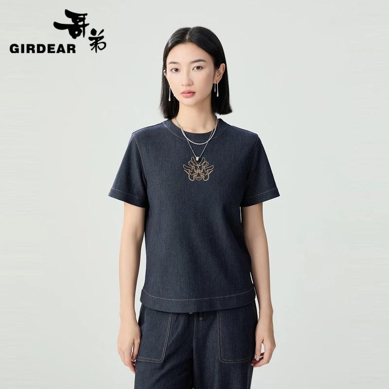 哥弟新款时尚百搭简约气质弹性针织牛仔布圆领T恤女1301060