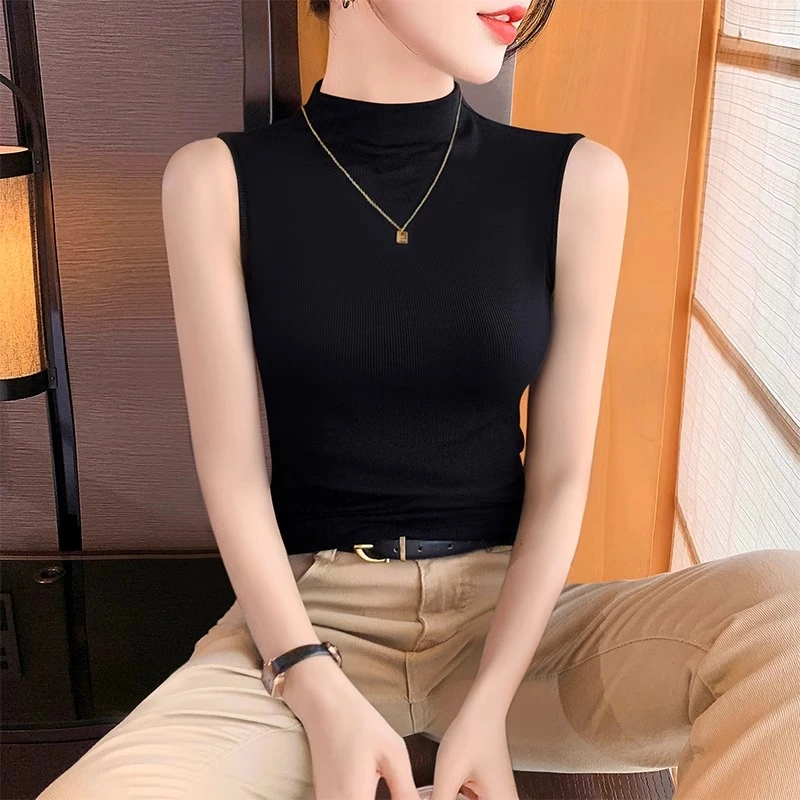 黑色半高领吊带背心女内搭无袖2025新款夏季修身外穿针织打底上衣