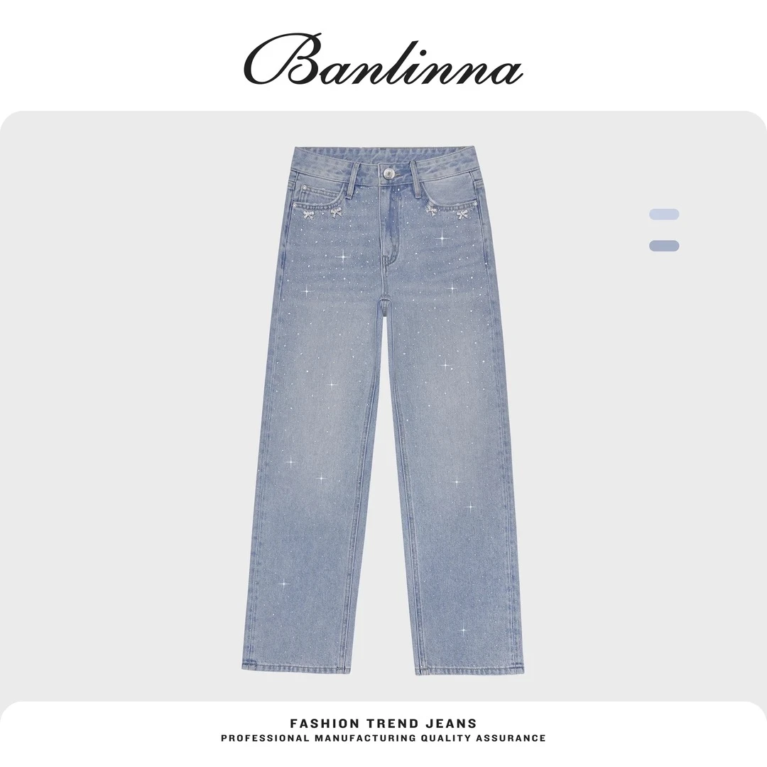 D-满天星系列春季直筒裤中高腰重工烫钻显瘦牛仔裤常规款时尚