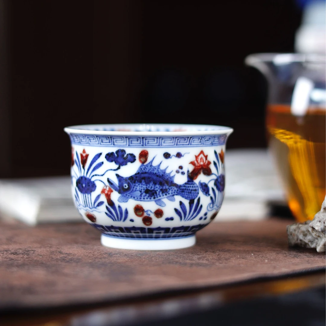 【小乔赏瓷】g古官 景德镇纯手工手绘青花釉里红鱼炉式杯