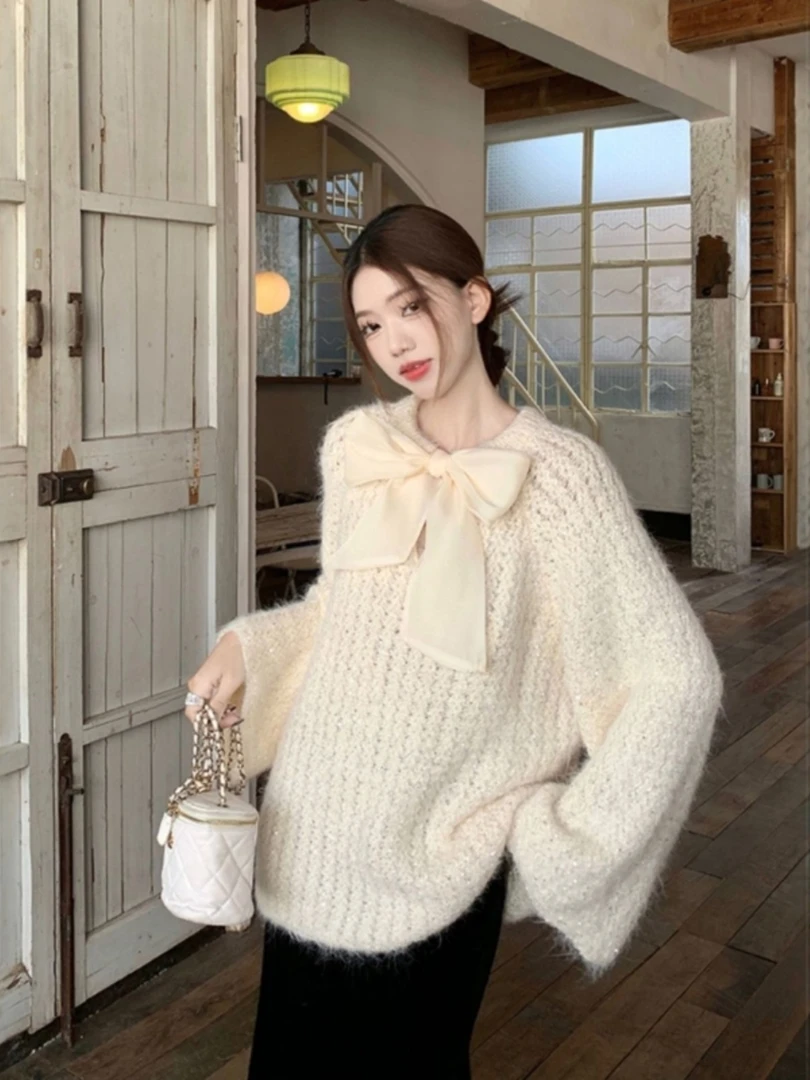 甜美清新气质高级感蝴蝶结刺绣针织衫软糯长袖毛衣女休闲百搭上衣