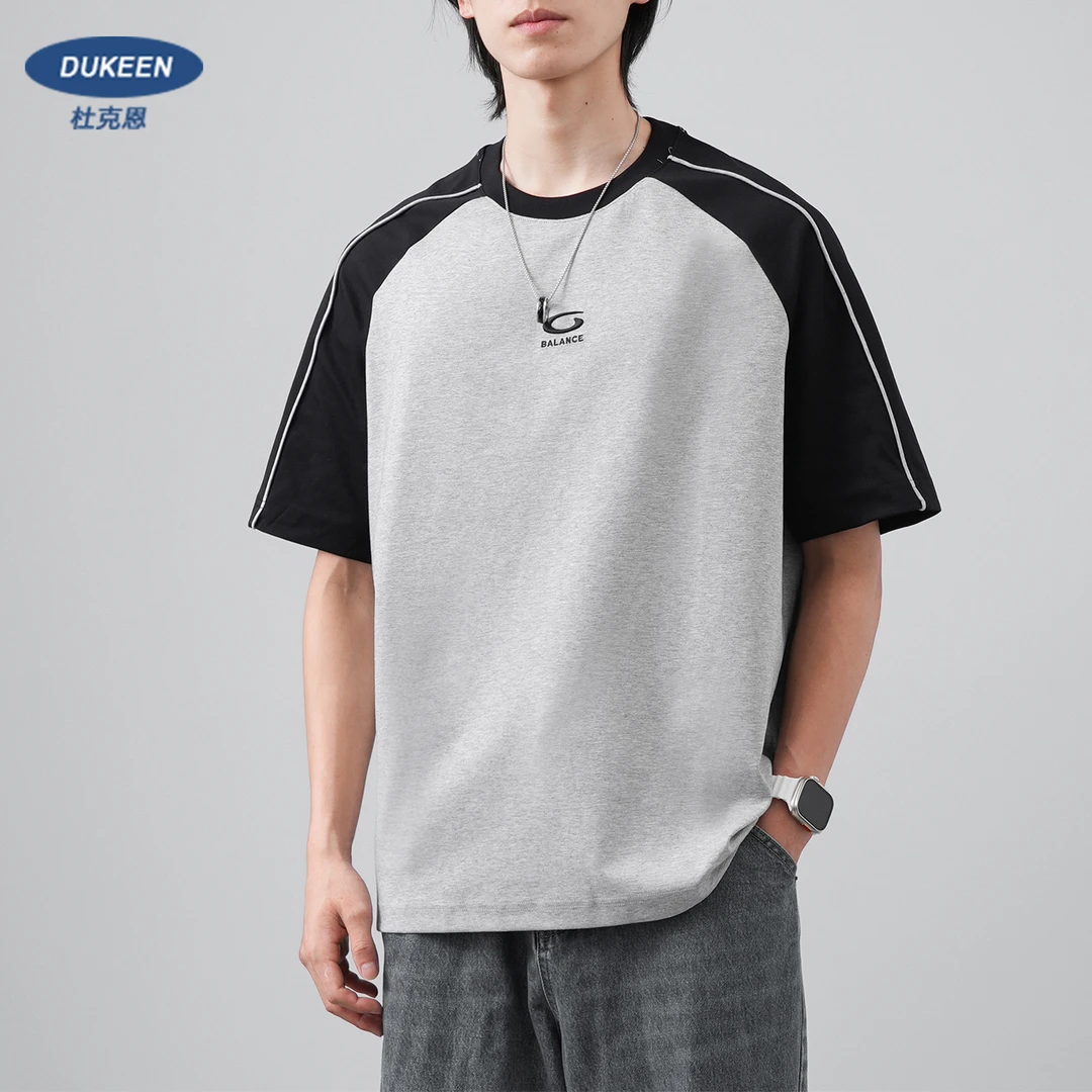 杜克恩50支丝光棉T恤男短袖夏季男女美式刺绣撞色插肩袖圆领体恤