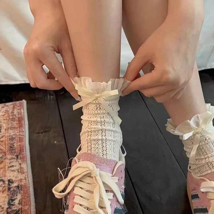 “破碎天使”蝴蝶结薄款蕾丝边袜子女夏季中筒芭蕾风网短袜堆堆袜yj