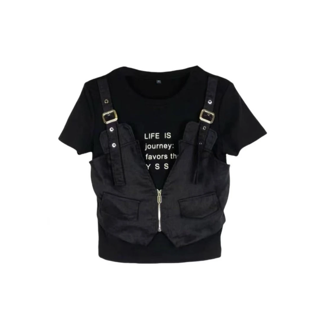 假两件牛仔拼接短袖上衣