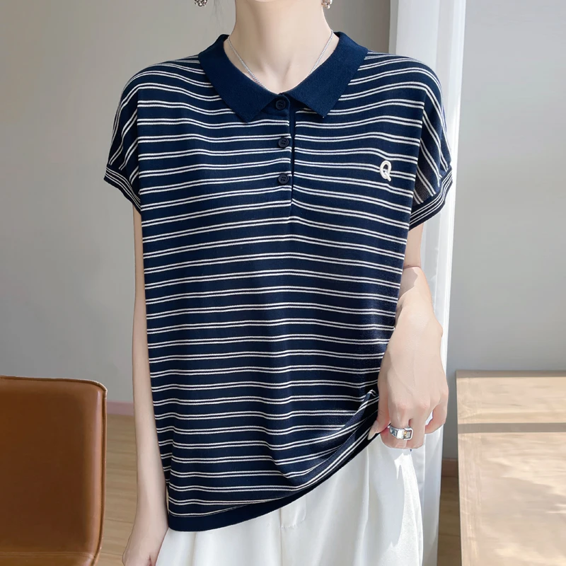 【高品质】~薄款莱赛尔天丝polo领条纹显瘦女士短袖t恤夏季半袖休闲