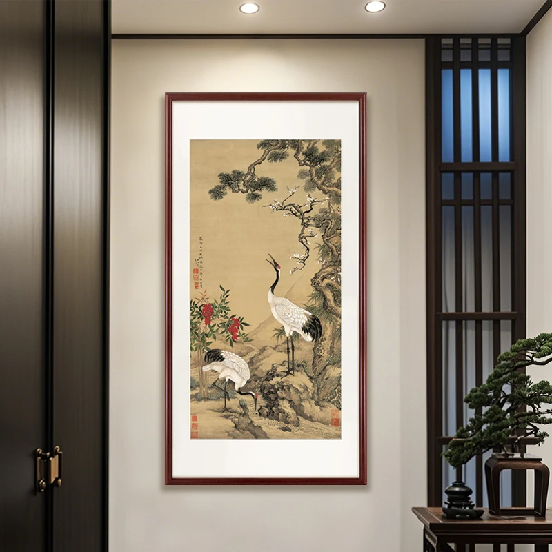 国画《松梅双鹤图》新中式装饰画玄关竖版挂画过道茶室画字画挂墙