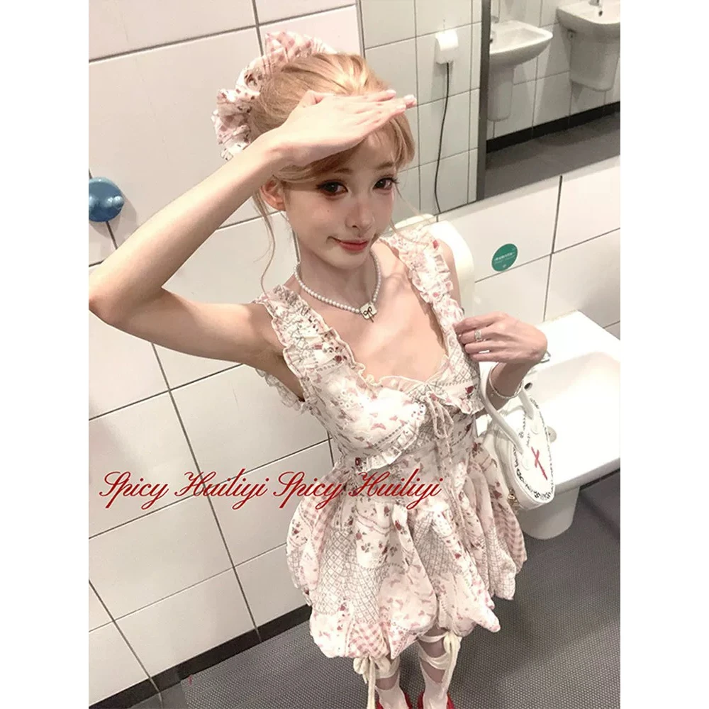 绘梨衣花间来信夏季设计感纯欲甜辣碎花云朵吊带连衣裙8705欧