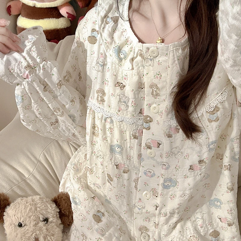 圆领碎花狗狗睡衣女士春秋新款公主风卡通长袖固定胸垫家居服套装