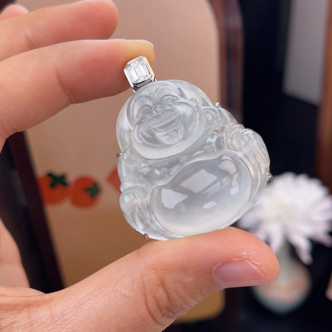 翡翠颈饰18K金镶嵌佛公 冰透 天然A货缅料翡翠