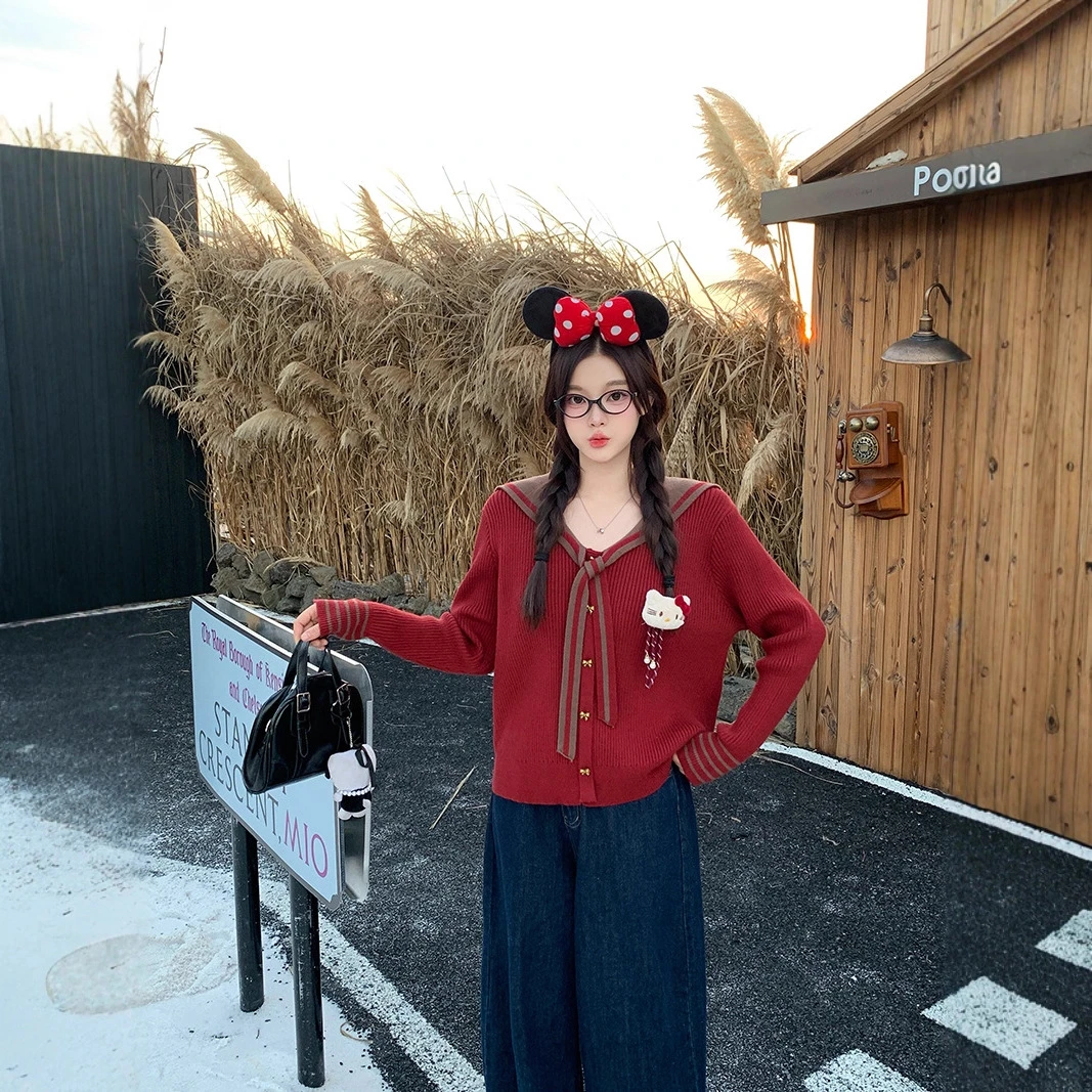 2025秋冬新款大码女装时尚减龄海军领毛织开衫上衣