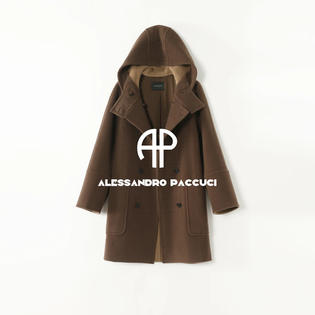 AP洛哥54014DS【限量/黑标/深焙咖啡】绵羊毛+山羊绒连帽双排扣大衣