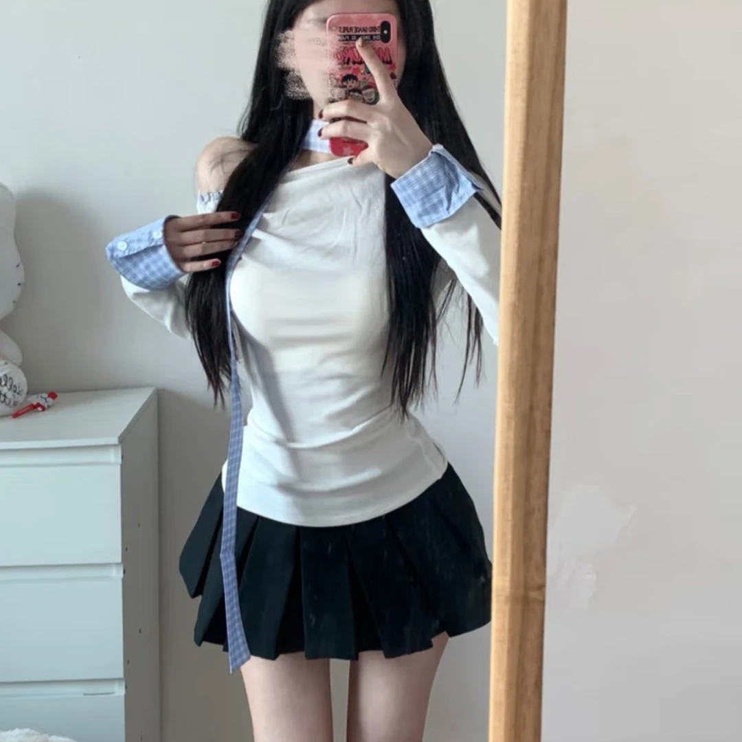 梦优莱个性设计感心机上衣打底衫格纹拼接纽扣装饰斜肩长袖t恤