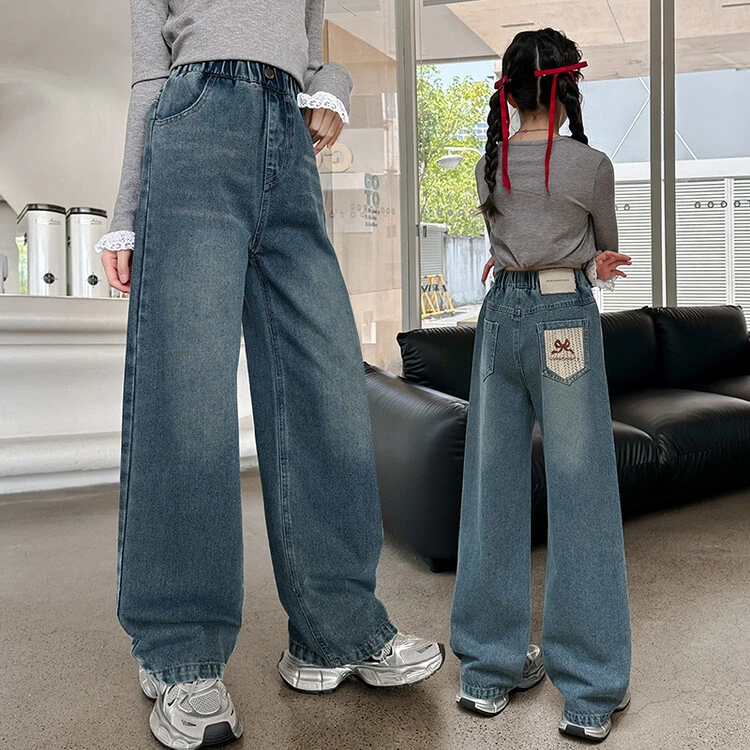 女童裤子直筒阔腿裤牛仔裤2025中大童秋季显瘦春秋百搭长裤牛仔裤