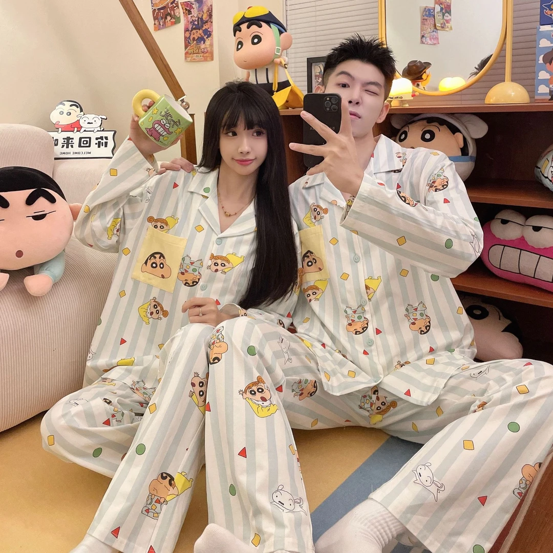 【蜡笔小新联名正版】情侣睡衣女春秋薄款卡通印花长袖纯棉家居服