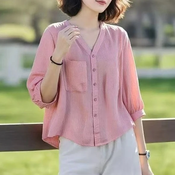 爆款2025夏季新款V领时尚衬衫遮肉显瘦遮肚子五分袖衬衣上衣女潮