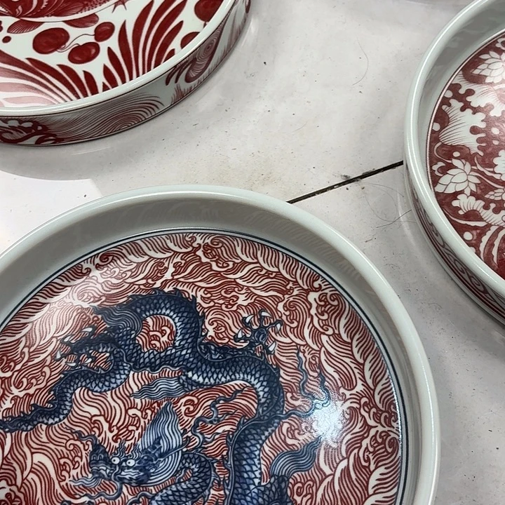 瓷片釉里红海水龙干泡台景德镇微瑕