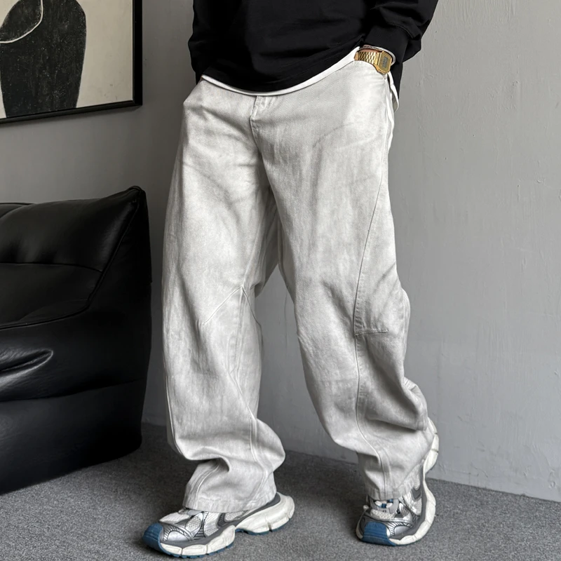 2025美式休闲痞帅复古做旧脏脏白色牛仔裤男直筒宽松阔腿弯刀裤子