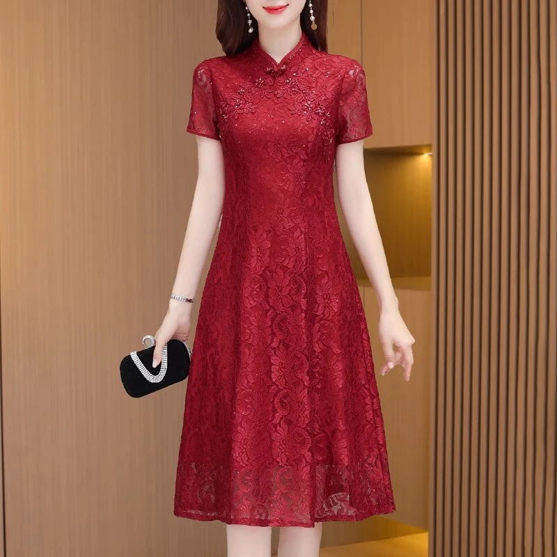 红色洋气高贵旗袍连衣裙2025新款夏小个子妈妈装礼服裙子