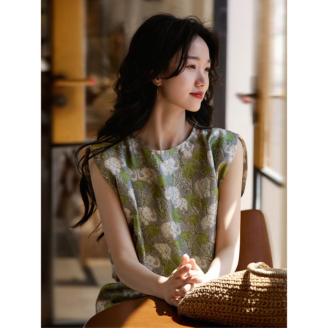 『真丝贵妇衫』风格优雅连肩袖真丝斜纹绸圆领小上衣女SYC880254MG