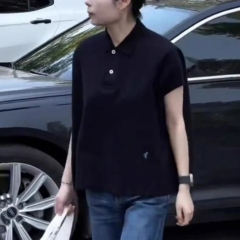 翻领黑色休闲t恤女2025夏季宽松显瘦时尚高级感针织短袖气质上衣