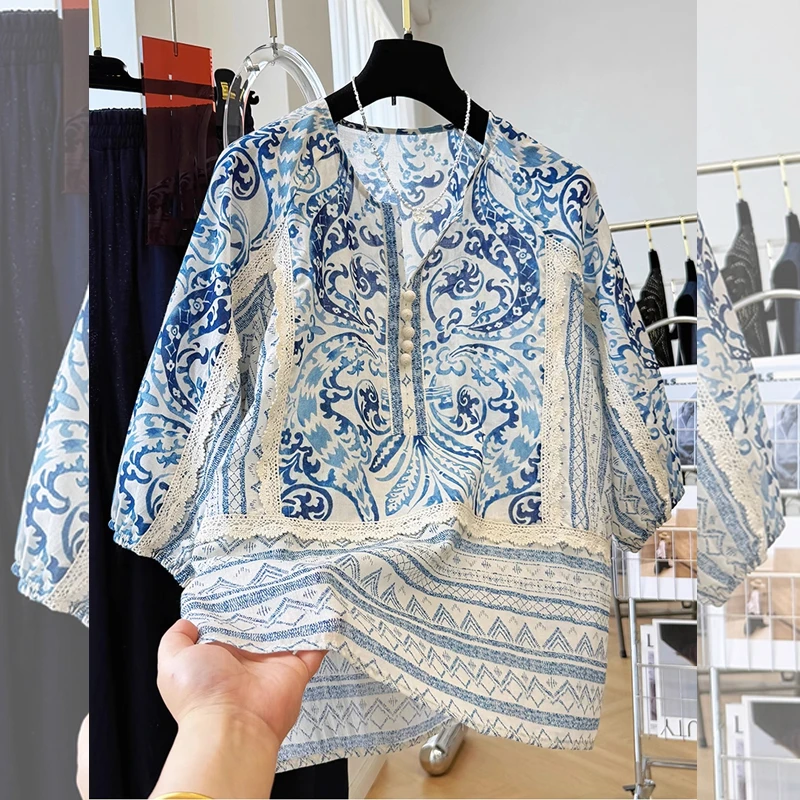 新中式大码印花拼接蕾丝半开领宽松衬衫女国风百搭减龄夏季遮肚子