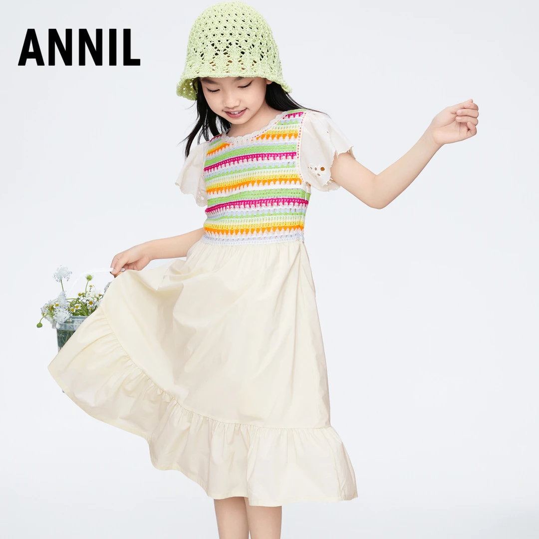 商场同款/安奈儿童装女童假两件短袖连衣裙夏装儿童洋气拼接裙子