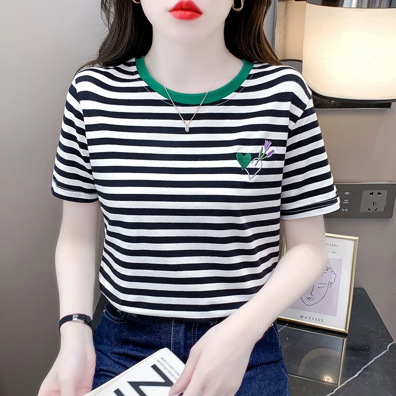 显白绿色条纹t恤女短袖2025年夏季新款棉质上衣宽松圆领体恤女