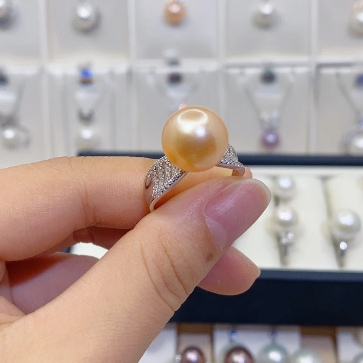 秋***叶戒指银S925镶嵌淡水珍珠