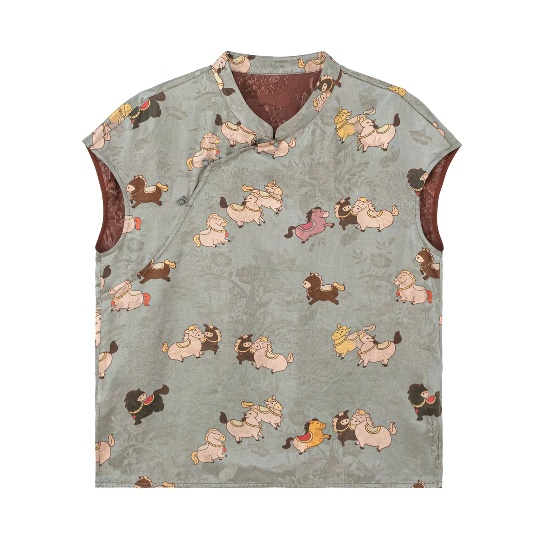 【素萌】夏季桑蚕丝提花斜襟立领短袖上衣时尚无袖中国风A512377