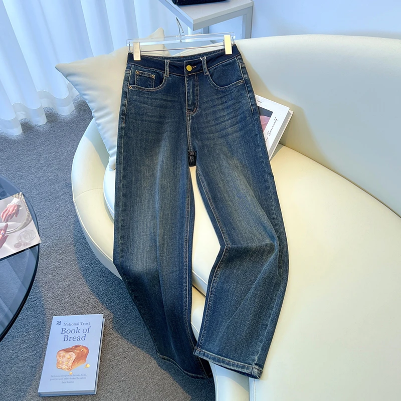 拉夏贝尔牛仔裤女2025春季新款气质显瘦高腰百搭窄版阔腿裤直筒裤