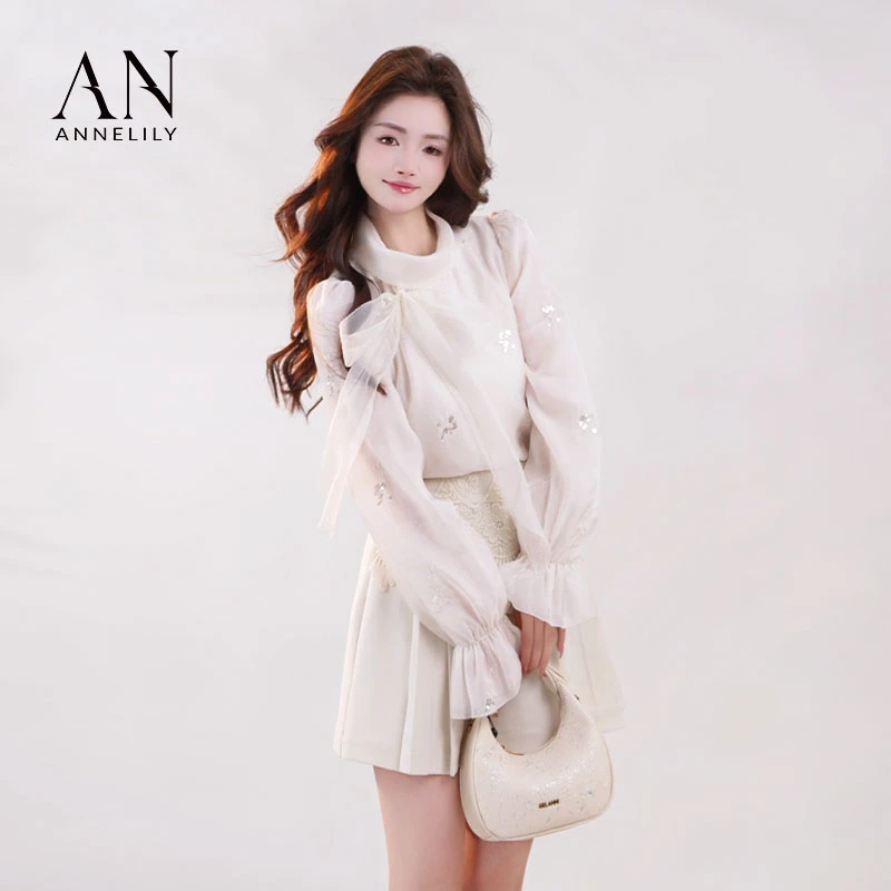 ANNELILY【白栀】新款设计感精致百搭气质蕾丝衬衫AC2502054