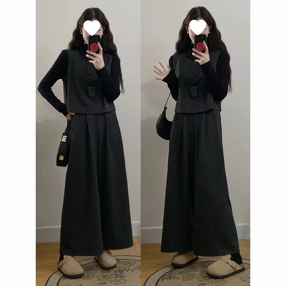 大码女装时尚微胖秋冬胖mm显瘦时尚简约毛呢马甲九分阔腿裤三件套