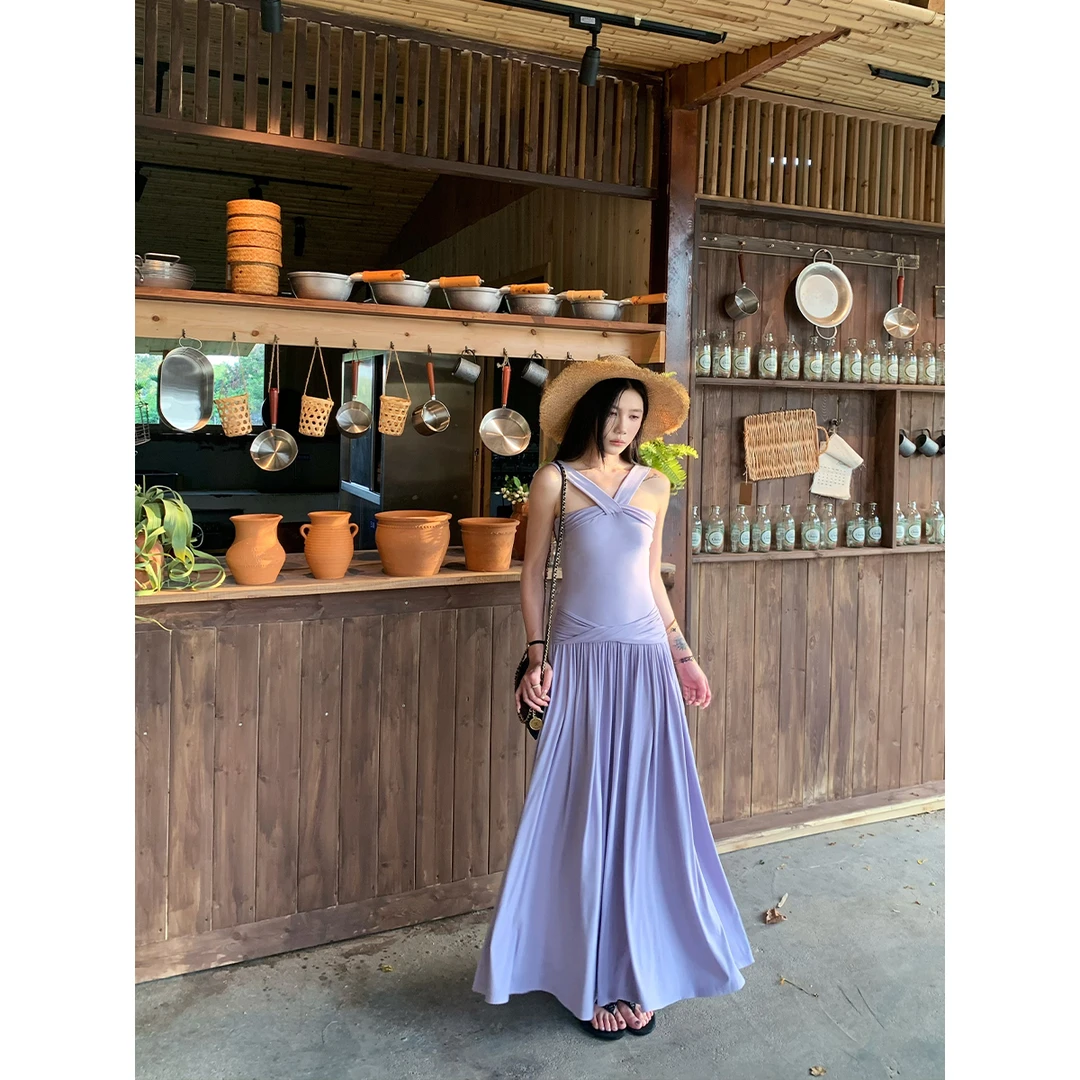 70不是七十【夏日曼波】夏季韩版针织挂脖腰部褶皱修身连衣裙