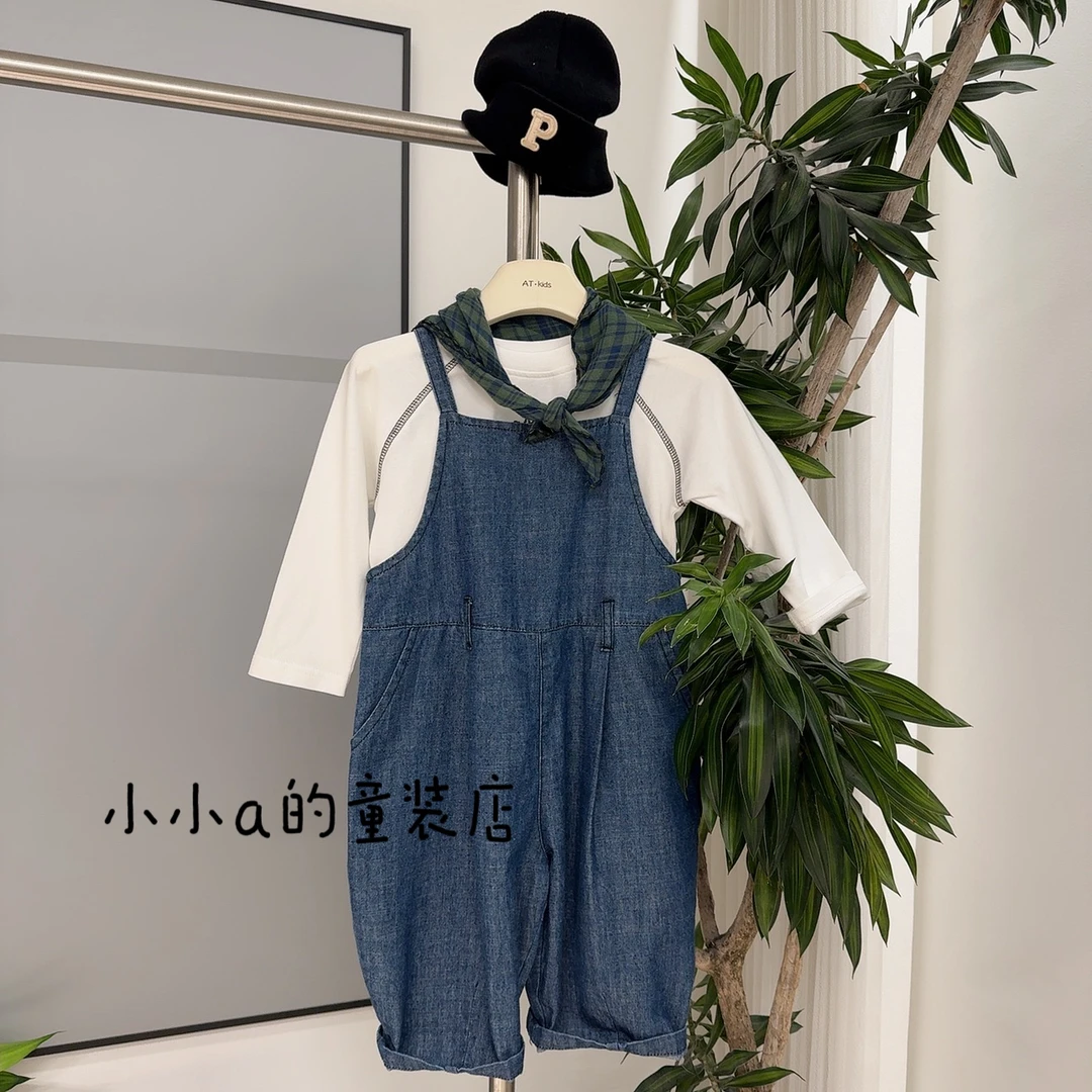 韩版春秋男童女童中性chao软牛仔背带裤儿童宽松背带裤刺绣半袖