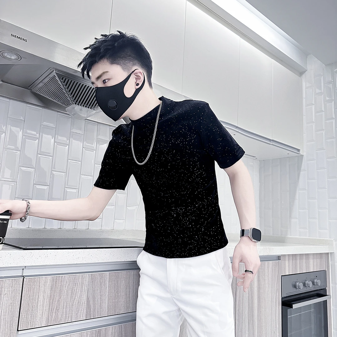 满天星短袖T恤男士半高领修身打底衫痞帅休闲潮流高级感半袖上衣