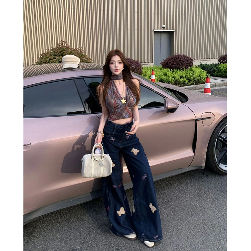 2025年夏季新款小众辣妹背心上衣复古街头小熊印花宽松阔腿牛仔裤