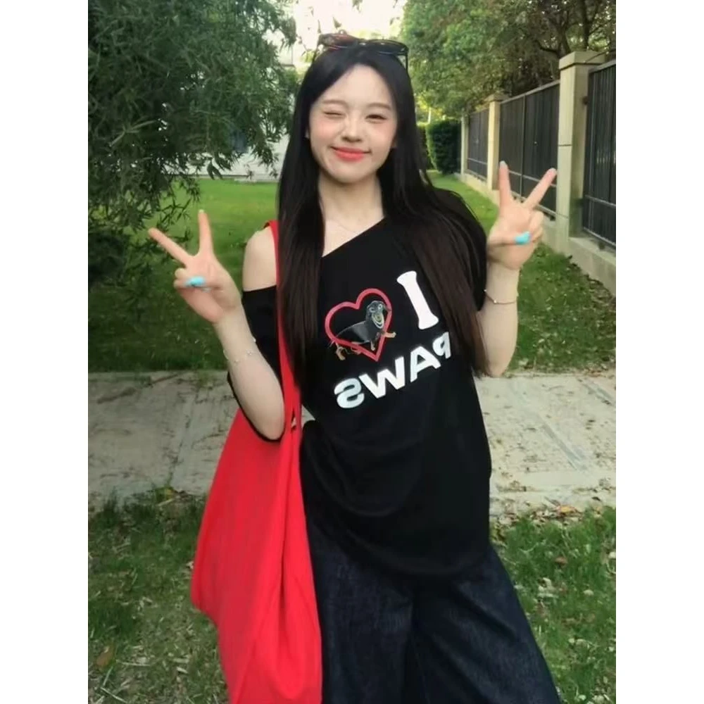 美式复古辣妹斜肩爱心小狗印花短袖T恤女夏季新款宽松百搭上衣潮