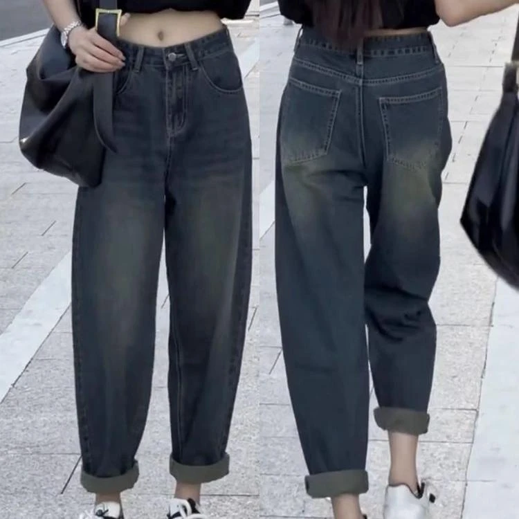 春夏季薄款高腰弹力老爹牛仔裤女女款大码宽松显瘦新款九分哈伦裤