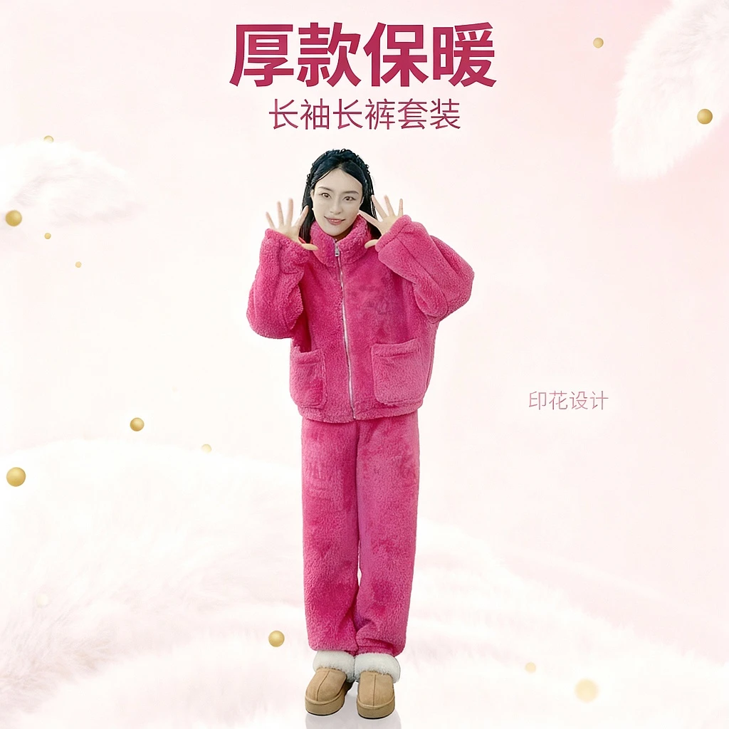 【雪绒绒】双面北极绒新款睡衣女家居服套装时尚休闲韩版保暖可外穿