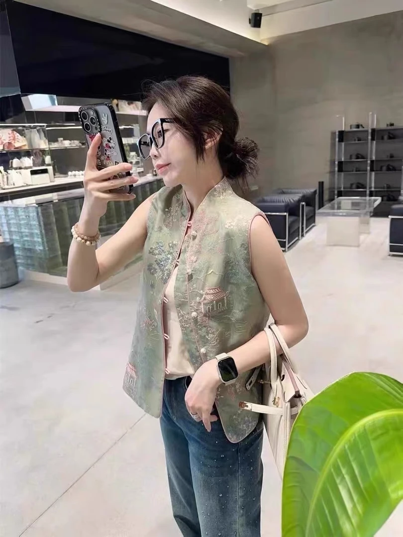 新中式帝台春 江亭晚望刺绣天青色新中式国风双面穿马甲款