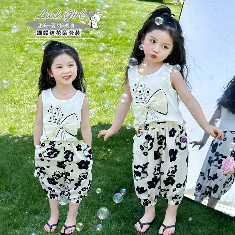 女童套装2025新款儿童蝴蝶结灯笼裤两件套女孩宝宝洋气童装衣服