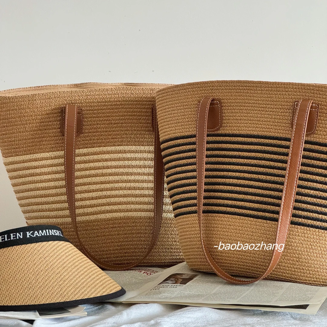 新款编织草编包条纹度假单肩时尚小个子简约通勤大容量托特百搭包