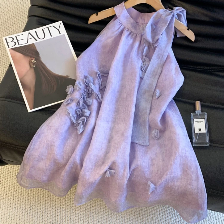 紫色立体花朵挂脖蝴蝶结背心女夏款海边度假风雪纺衫辣妹削肩上衣