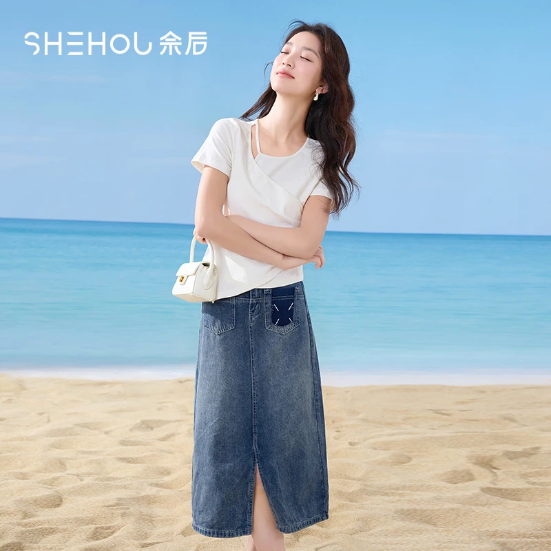 佘后2025夏装复古优雅风浪漫度假风牛仔半身裙