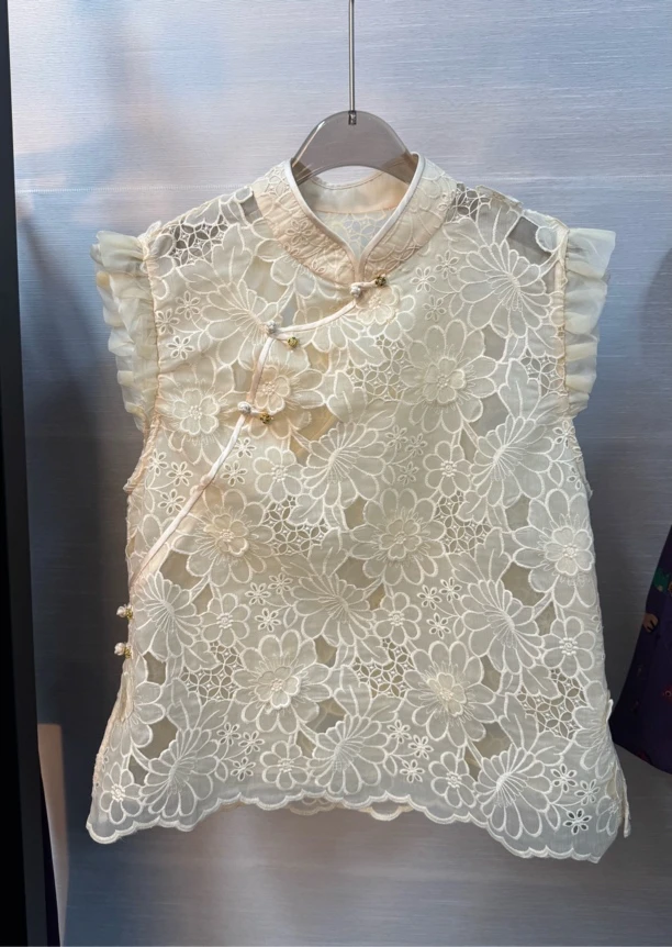 【金喜】白色镂空立体花朵立领小飞袖日常款新中式