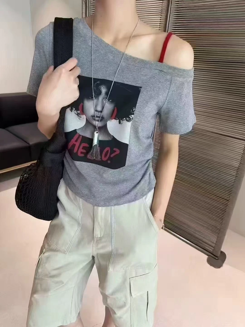 INS风重工斜肩酷女孩T恤