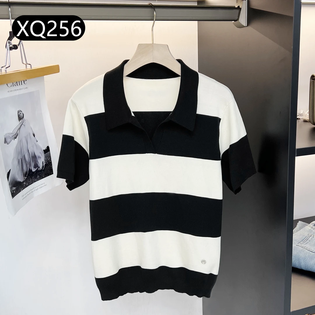 北方鹿 夏季POLO女士休闲黑白条纹短袖海魂针织衫XQ256